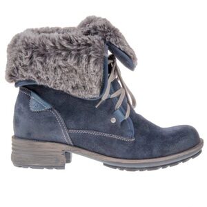 Josef Siebel Sandra Faux Fur Suede Boots 40 US 9 Navy Blue Lace Up Winter Fold
